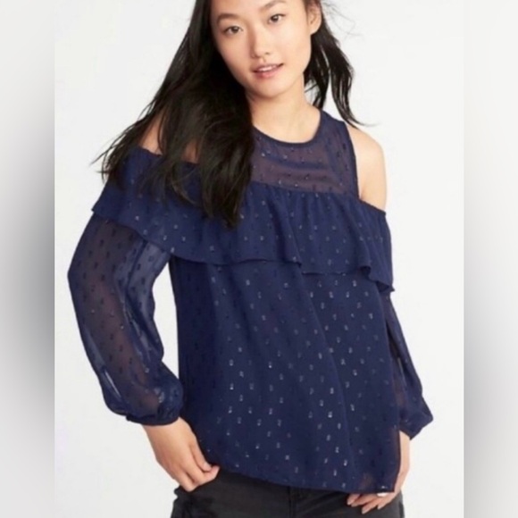•NWT•Old Navy Metallic Dot Flowy Cold Shoulder Top - Picture 13 of 13